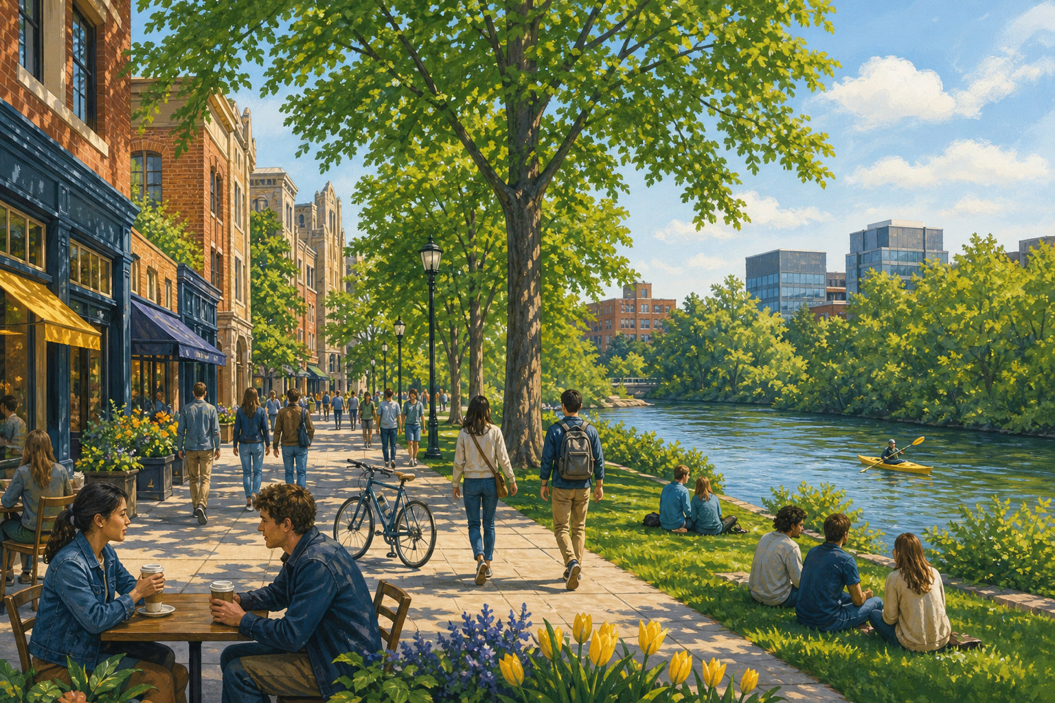 Illustrated Ann Arbor activities with a leafy campus street, cafes, and river kayaking